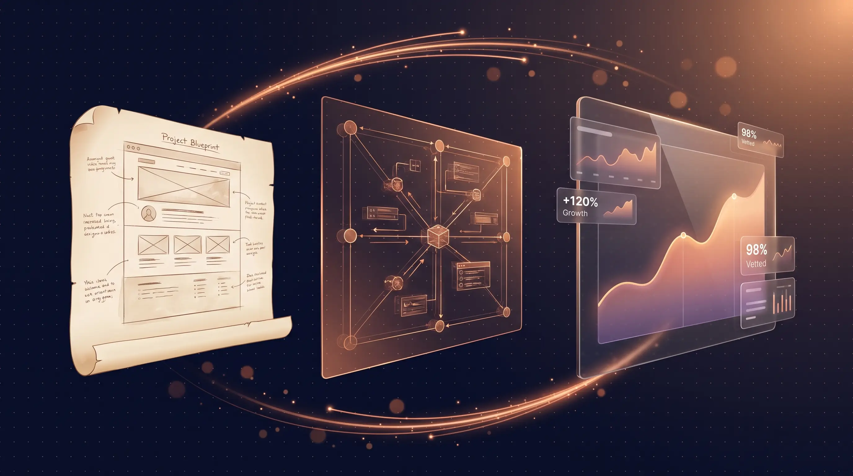 Three layered planes: hand-sketched project blueprint, copper-glowing architecture node graph, and a glassy product UI showing 98% Vetted and +120% Growth.
