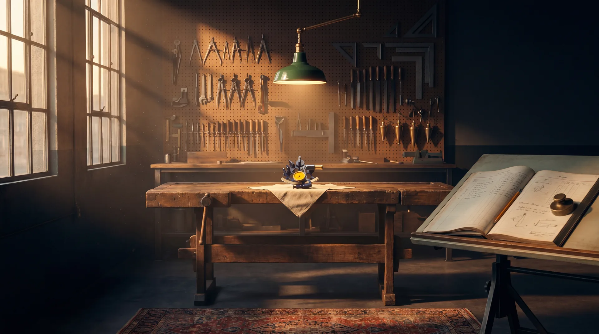 The IconDevs workshop interior at golden hour. A single precision instrument rests on the workbench under a green-shaded work-light, with a wall of vintage tools behind.