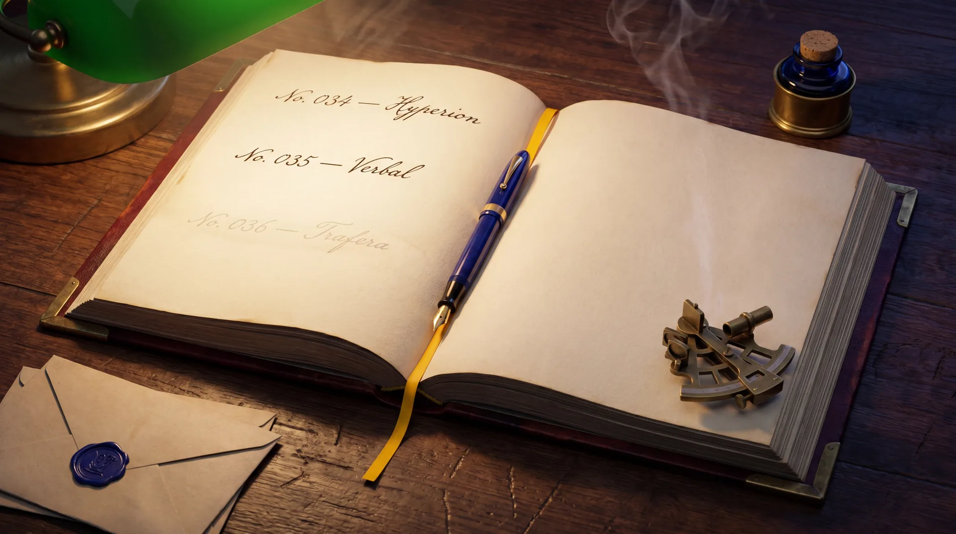An open antique commission ledger showing handwritten entries: NO. 034 Hyperion, NO. 035 Verbal, NO. 036 Trafera. A vintage Sheaffer fountain pen with cobalt celluloid barrel rests across the gutter, a brass sextant page-weight holds the page open.