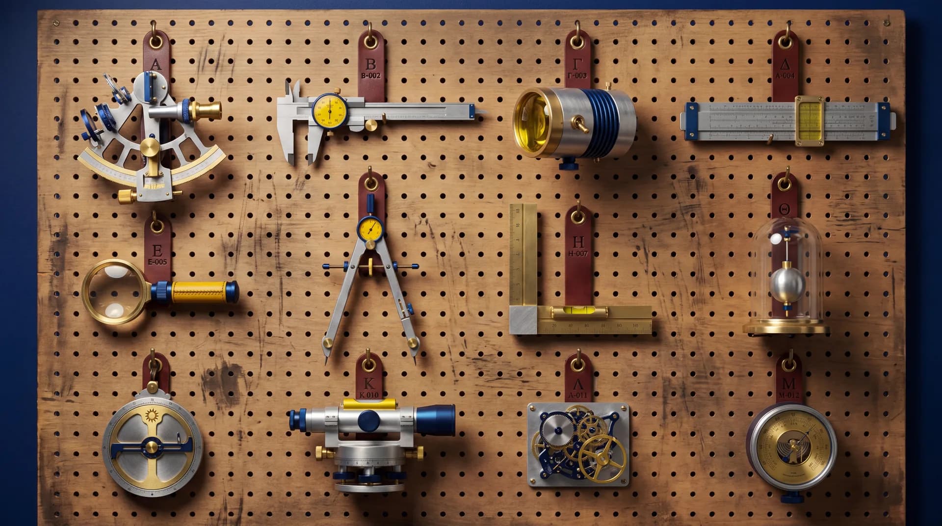 A pegboard wall hung with 12 finished precision instruments — sextant, caliper, slide-rule, draftsman's compass, dial gauge, pendulum — each suspended from an oxblood leather strap. All clearly made by the same hand.