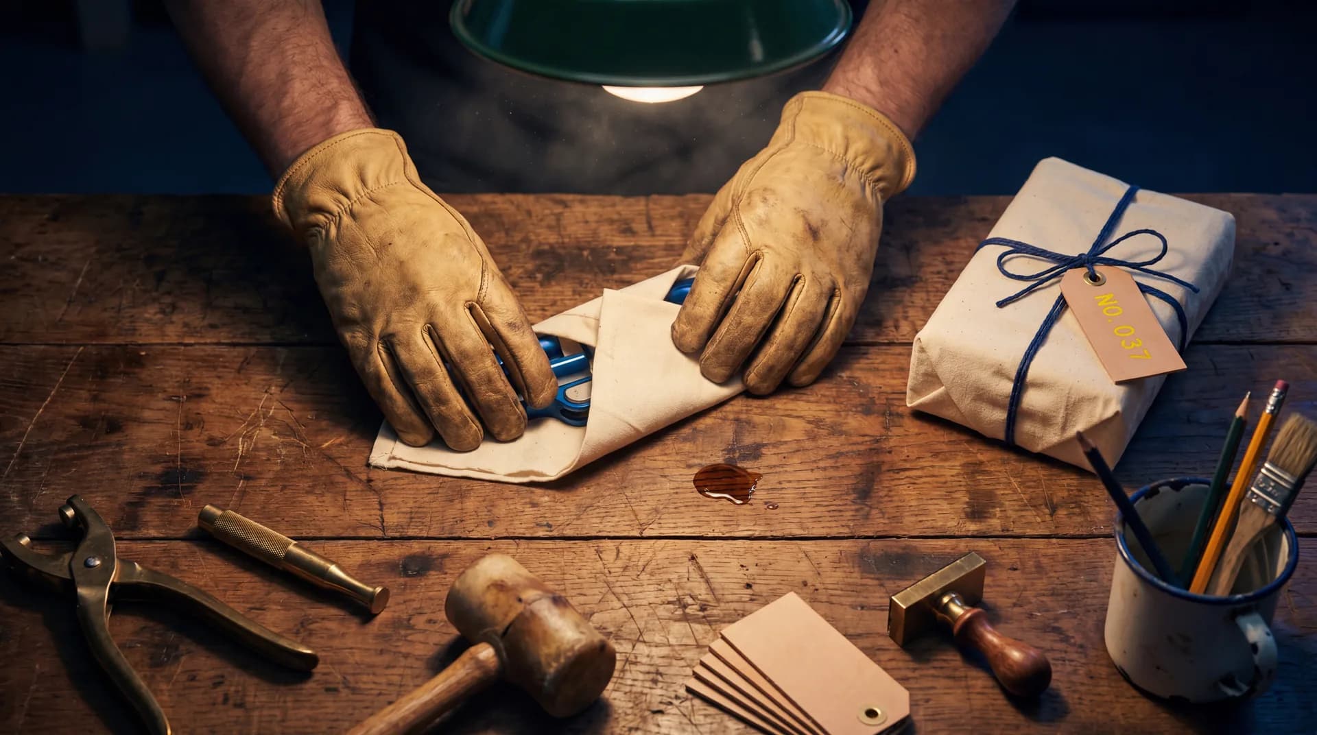 Two gloved hands wrapping a finished cobalt-and-aluminum instrument in muslin, with a finished package tagged 'NO. 037' beside it.