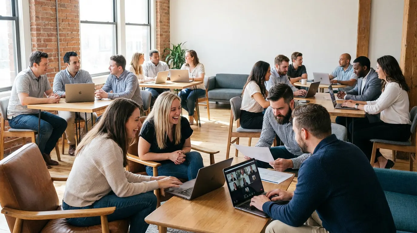 A dev team collaborating in a bright studio